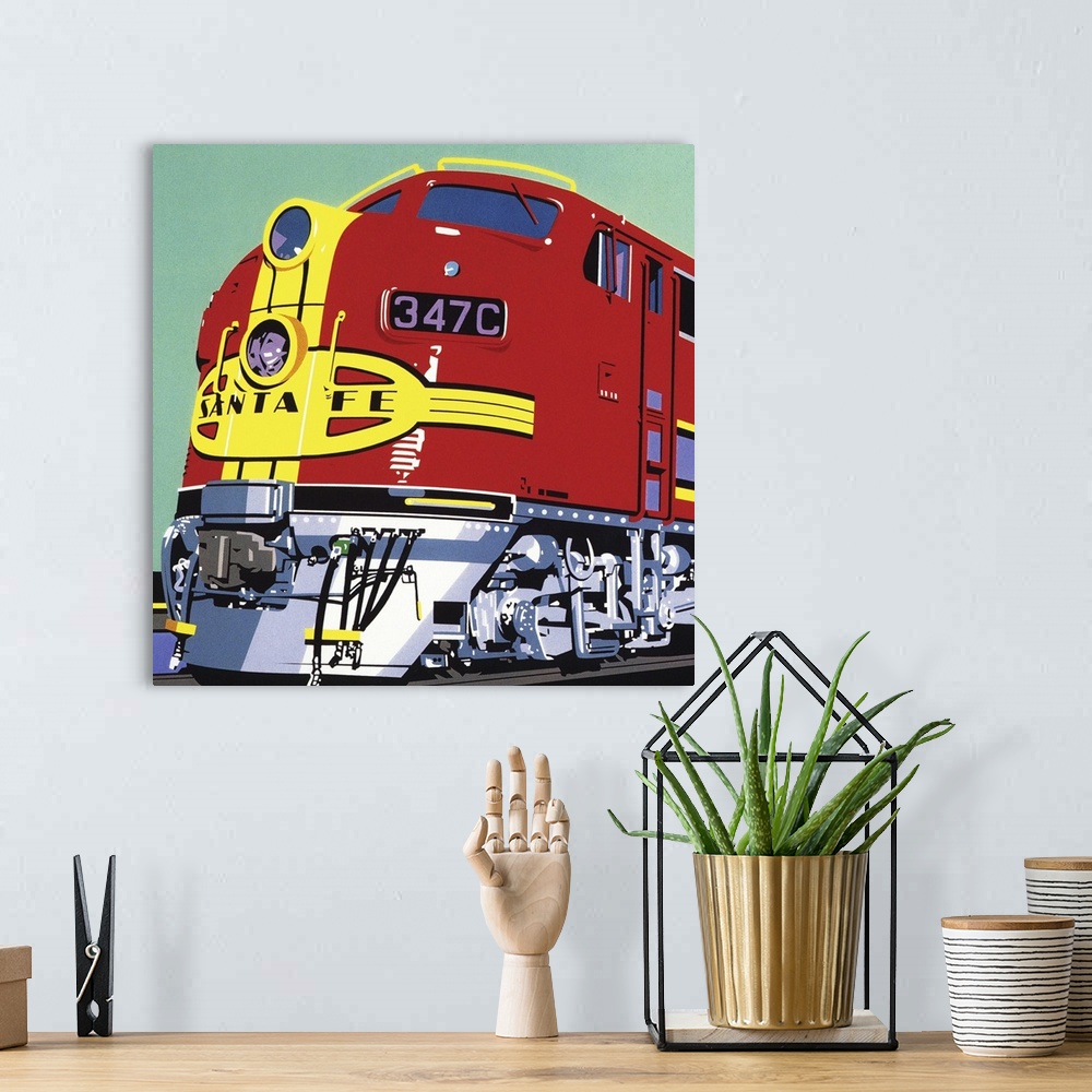 A bohemian room featuring Retro illustration of a train engine painted in bright yellow and red.