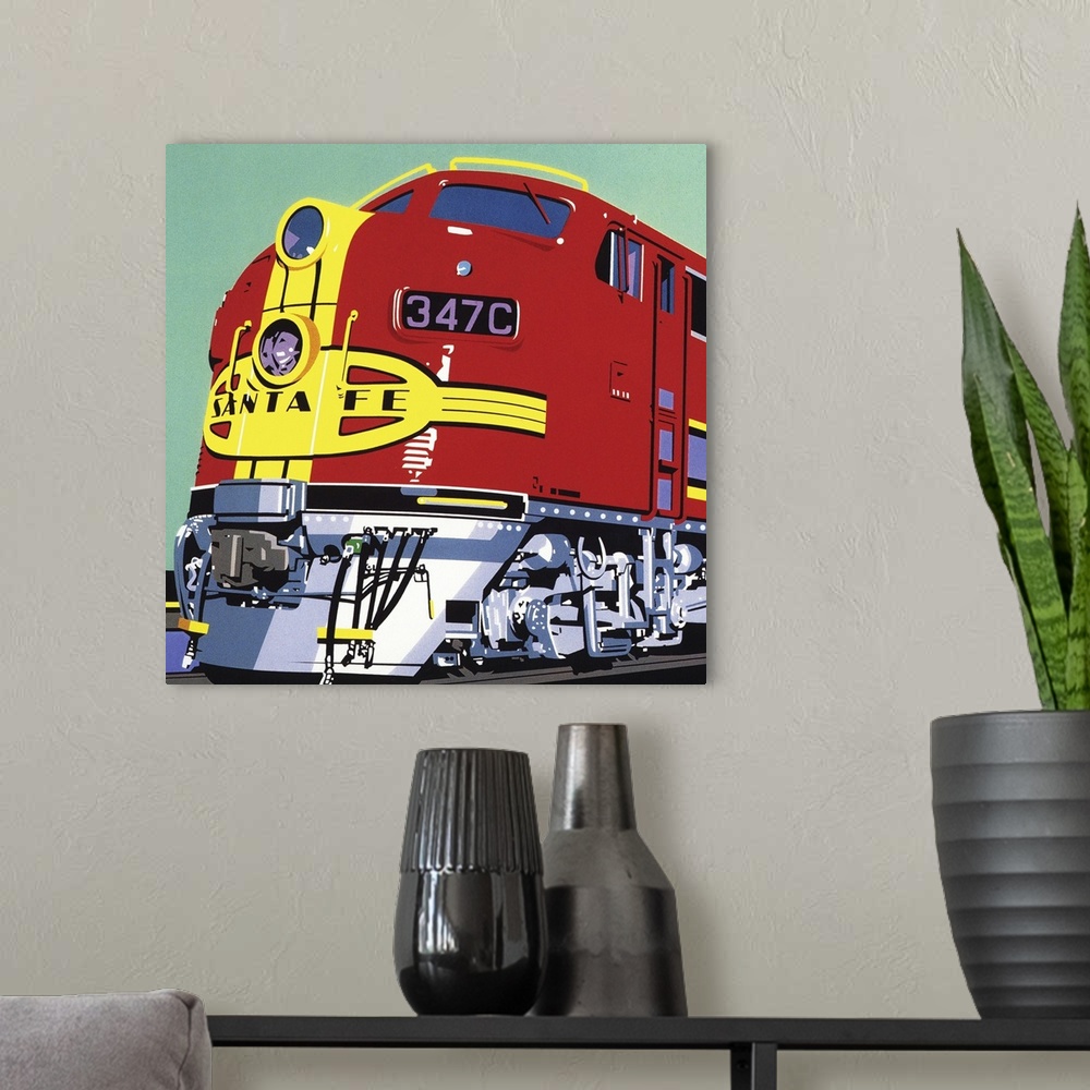A modern room featuring Retro illustration of a train engine painted in bright yellow and red.