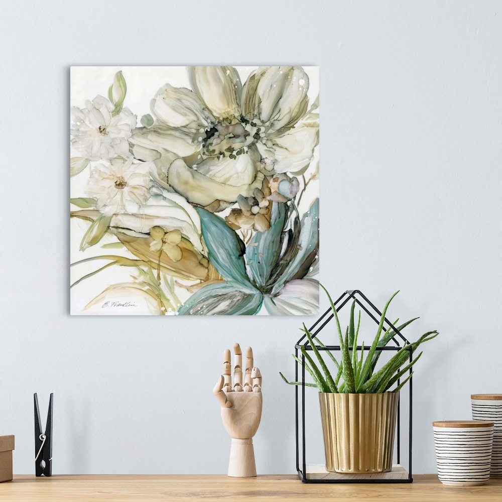 A bohemian room featuring Fine art watercolor painting of a seaglass garden of flowers in blues, green and gray by Elizabet...