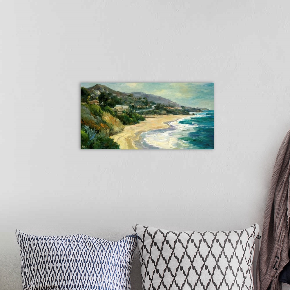 A bohemian room featuring Fine art oil painting seascape of a sunlit cove dotted with beach homes nestled up to the sprawli...