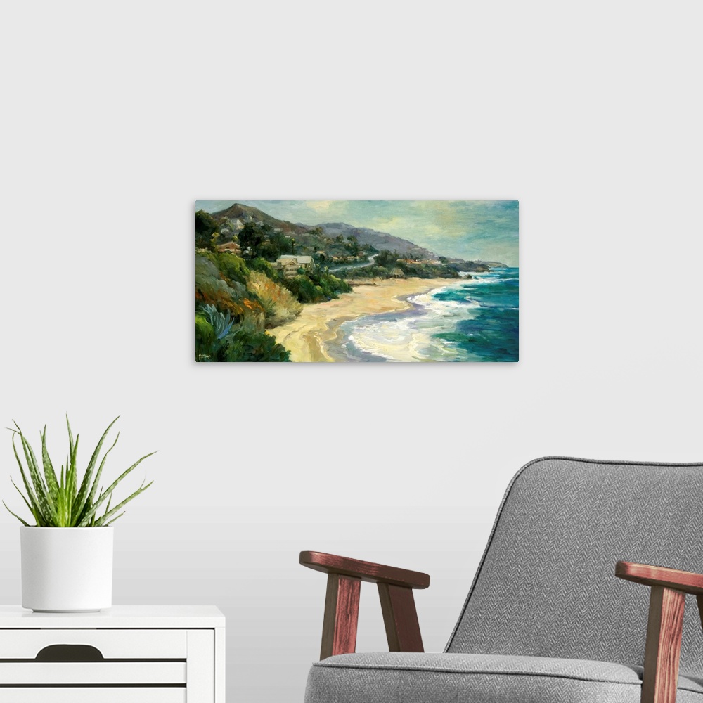 A modern room featuring Fine art oil painting seascape of a sunlit cove dotted with beach homes nestled up to the sprawli...