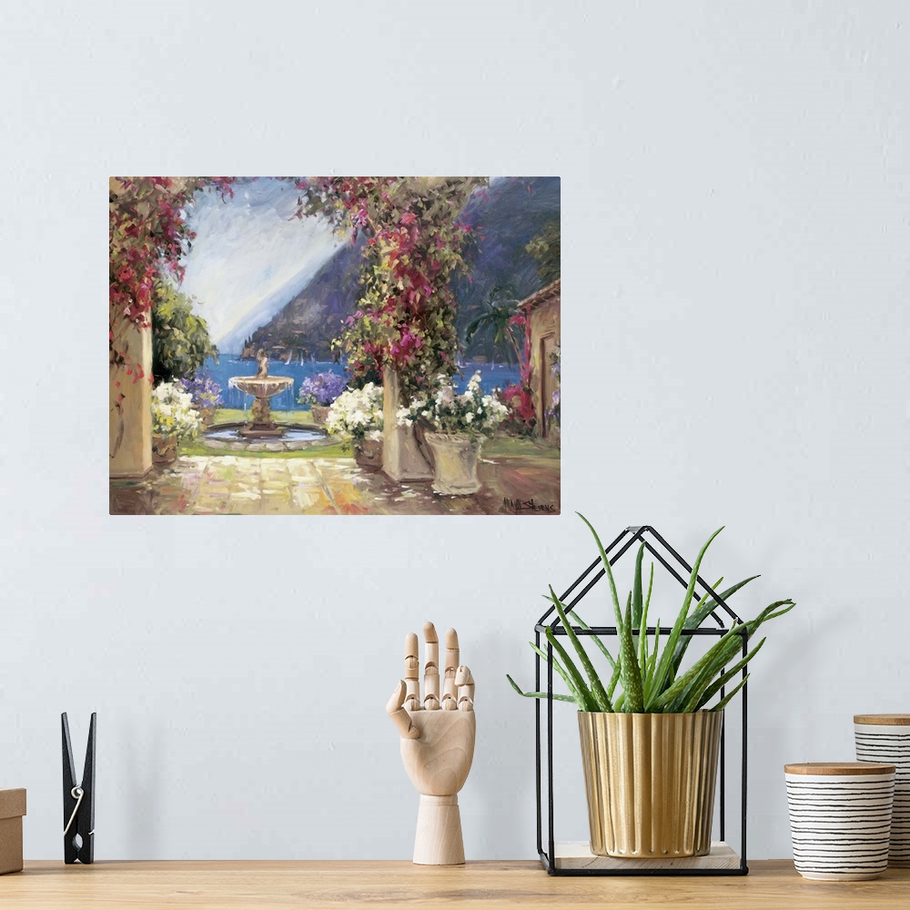 A bohemian room featuring Fine art oil painting landscape of a seaside fountain and terrace with flowering plants overlooki...