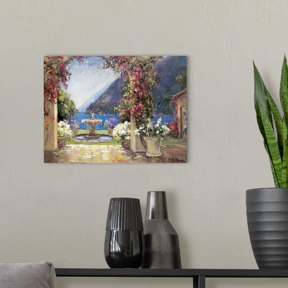 A modern room featuring Fine art oil painting landscape of a seaside fountain and terrace with flowering plants overlooki...