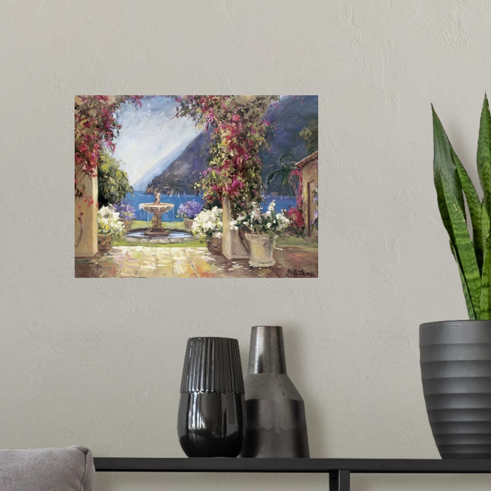 A modern room featuring Fine art oil painting landscape of a seaside fountain and terrace with flowering plants overlooki...