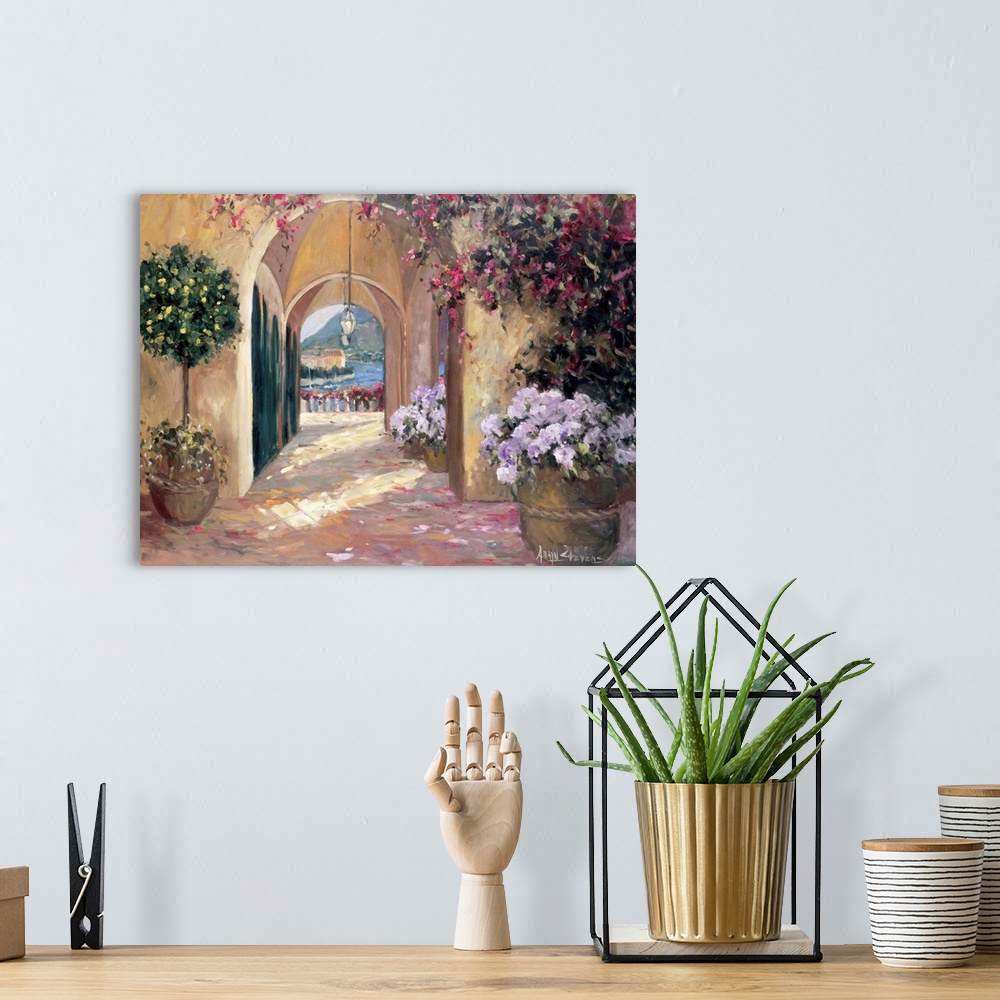 A bohemian room featuring Fine art oil painting landscape of a seaside walk with flowering plants with a beautiful sparklin...