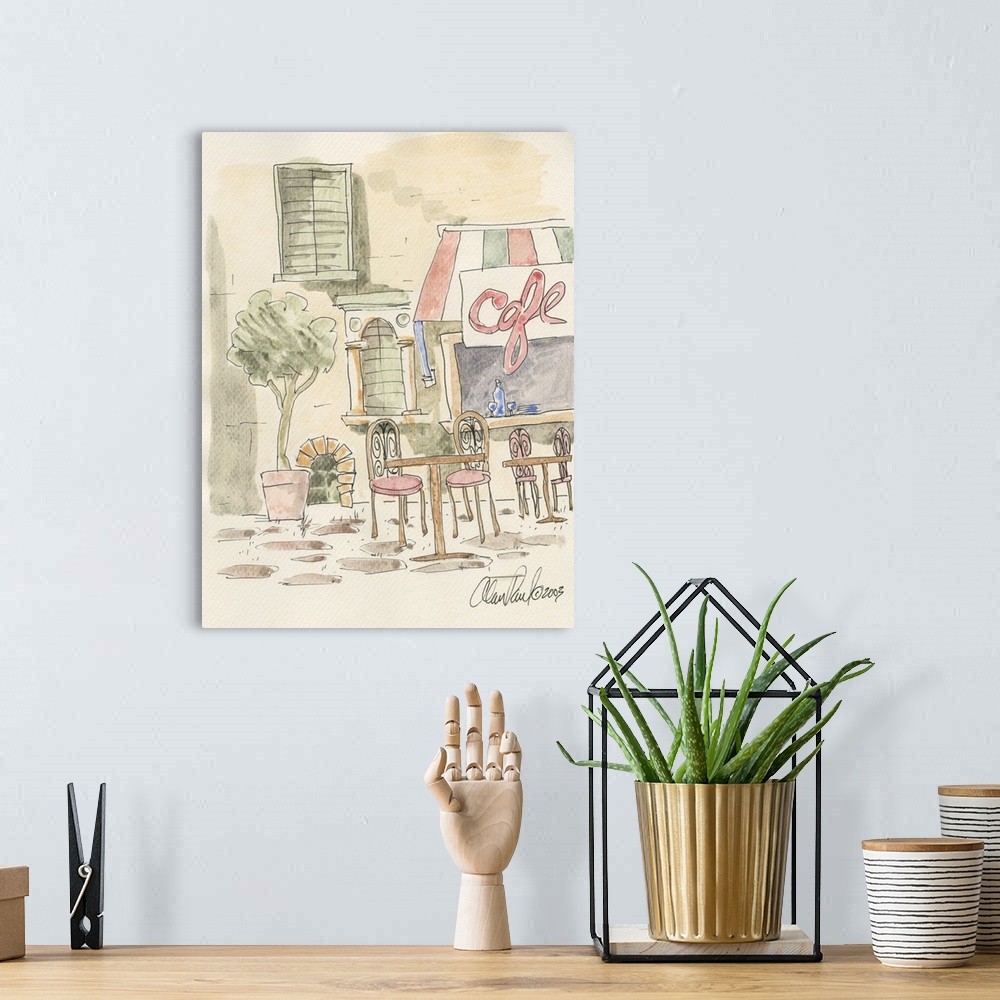 A bohemian room featuring Watercolor painting with pen and ink details of a sidewalk cafe table for two in France by Alan P...