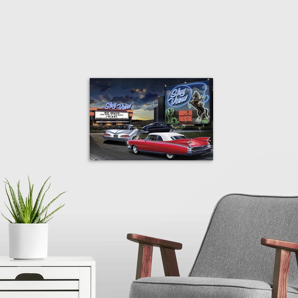 A modern room featuring Digital art painting of the Sky View drive-in theater, playing Rio Bravo and Giant, with classic ...