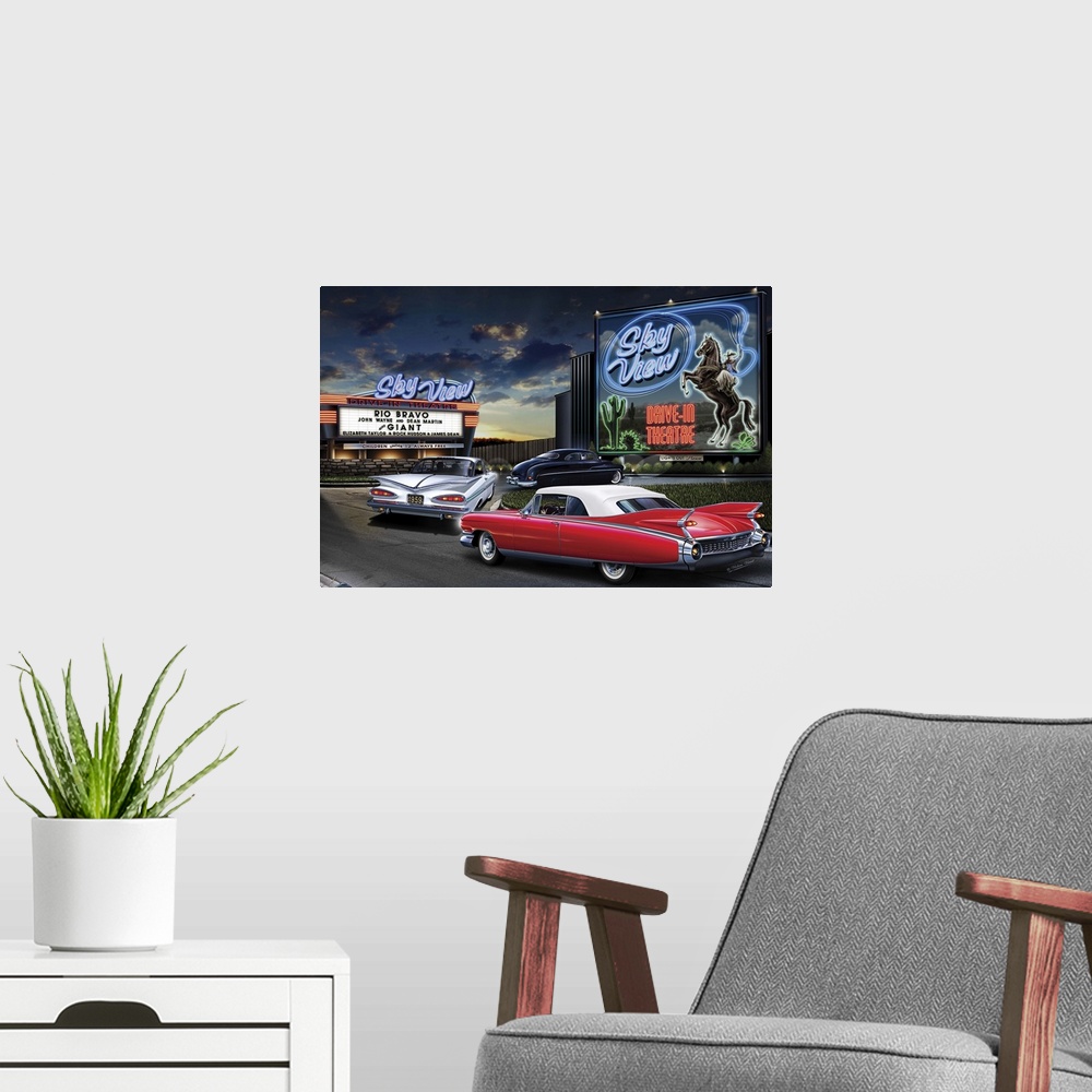 A modern room featuring Digital art painting of the Sky View drive-in theater, playing Rio Bravo and Giant, with classic ...