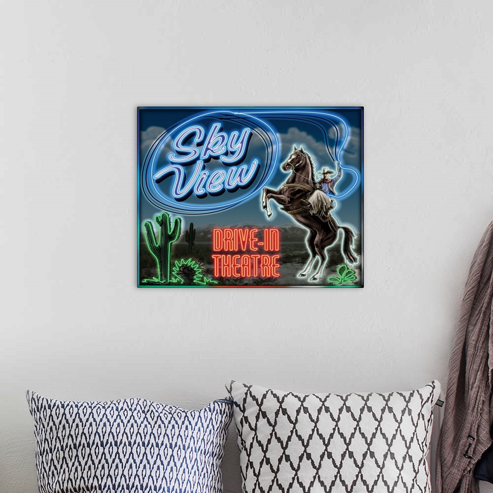 A bohemian room featuring Digital artwork of the Sky View drive-in theater neon sign.
