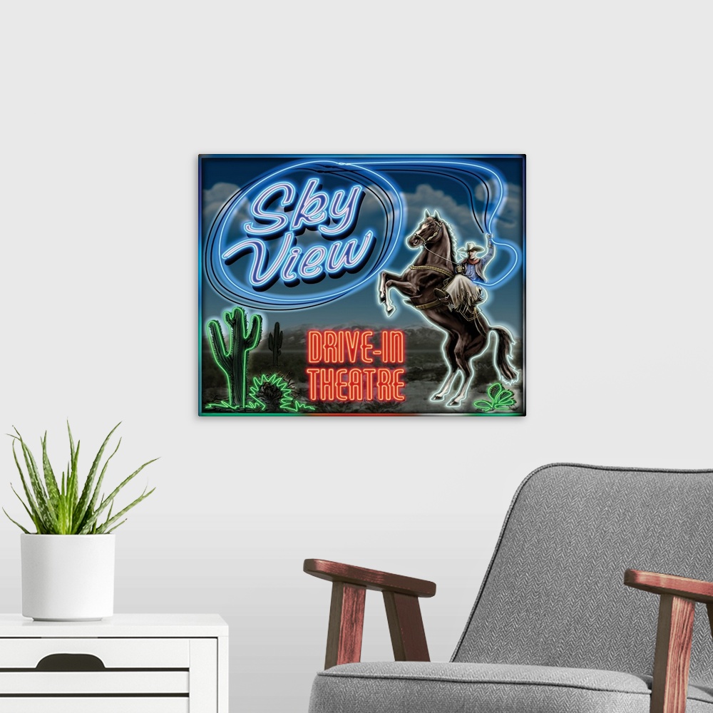 A modern room featuring Digital artwork of the Sky View drive-in theater neon sign.