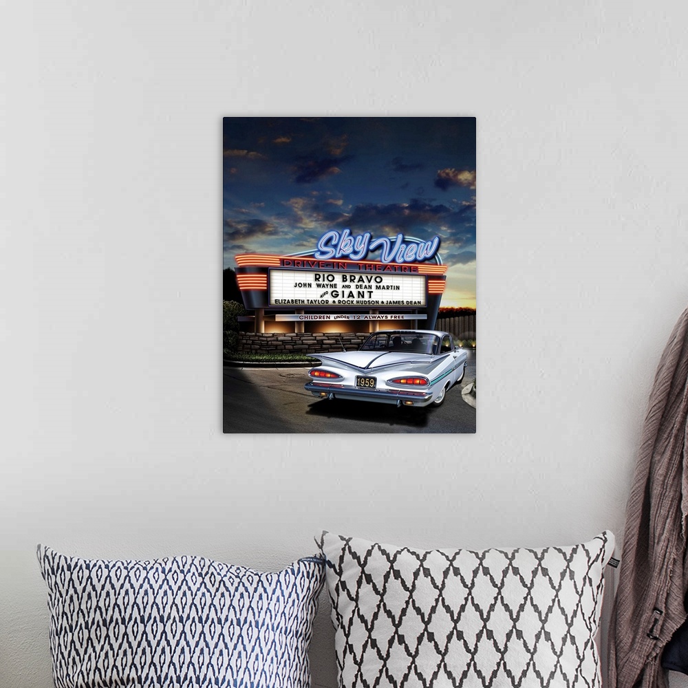 A bohemian room featuring Digital art painting of the Sky View drive-in theater playing Rio Bravo and Giant, with a classic...