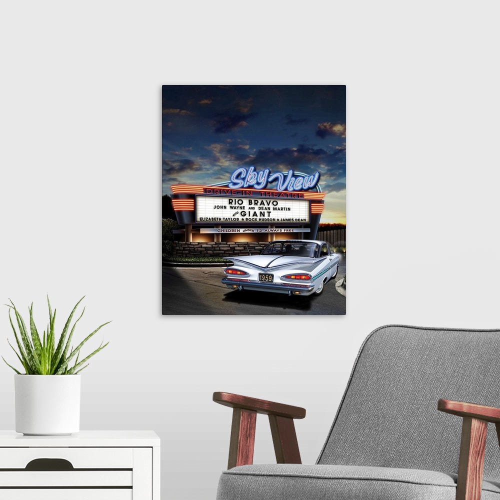 A modern room featuring Digital art painting of the Sky View drive-in theater playing Rio Bravo and Giant, with a classic...