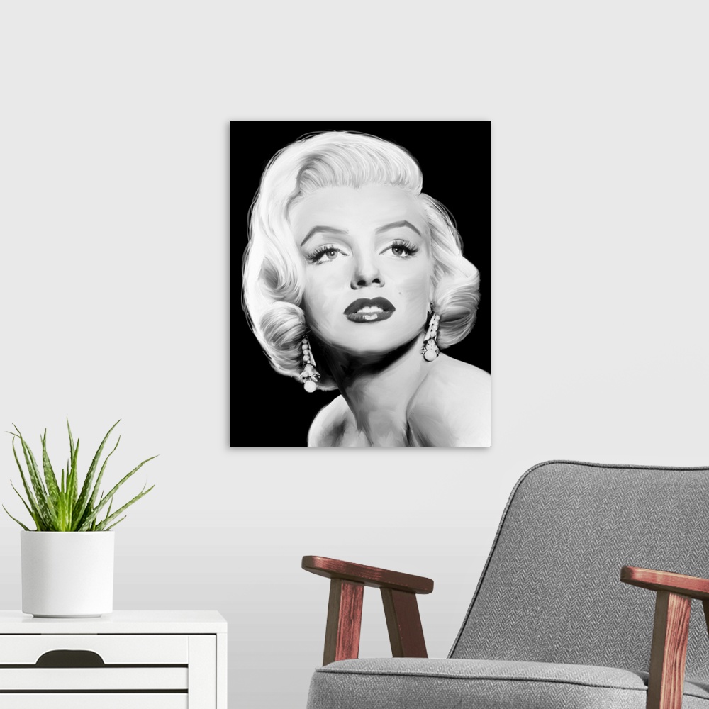 A modern room featuring Digital art painting in black and white of Marilyn Monroe in Stardust by Jerry Michaels.