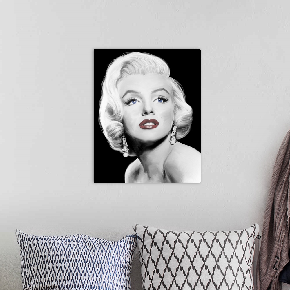 A bohemian room featuring Digital art painting in black and white with spot color, of Marilyn Monroe in Stardust.