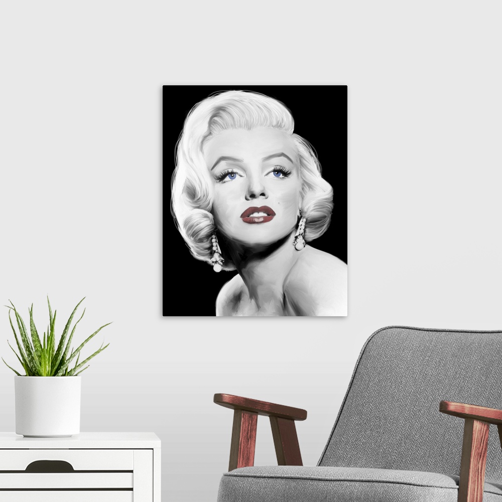 A modern room featuring Digital art painting in black and white with spot color, of Marilyn Monroe in Stardust.