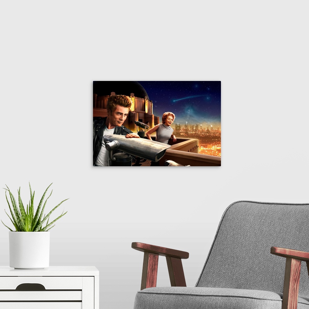 A modern room featuring Digital art painting of Marilyn and James Dean on a starry night  by JJ Brando.