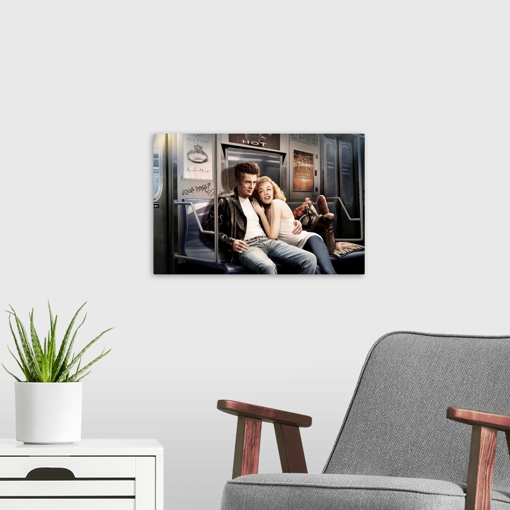 A modern room featuring Digital art painting of Marilyn and James Dean on a subway ride by JJ Brando.
