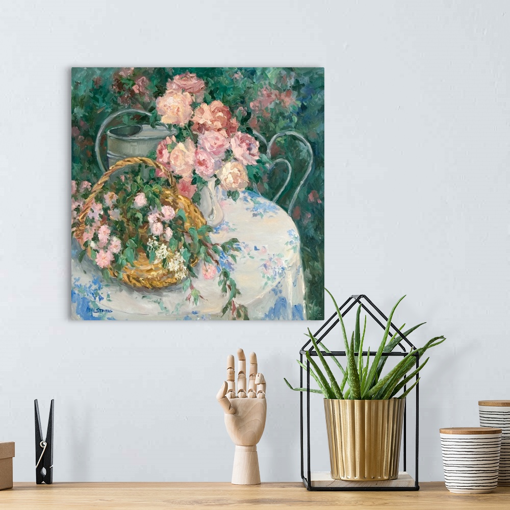 A bohemian room featuring Fine art oil painting still life of a beautiful table filled with pink roses and flowers in a bas...