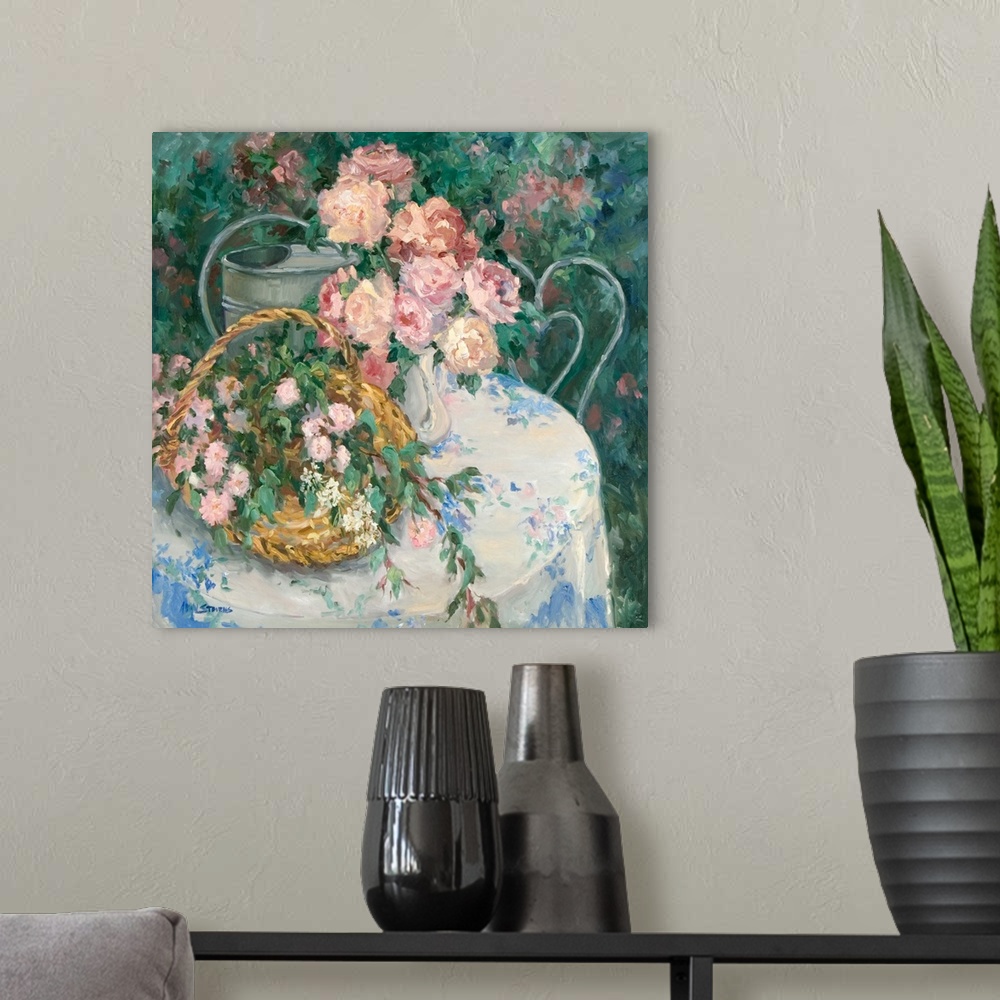 A modern room featuring Fine art oil painting still life of a beautiful table filled with pink roses and flowers in a bas...