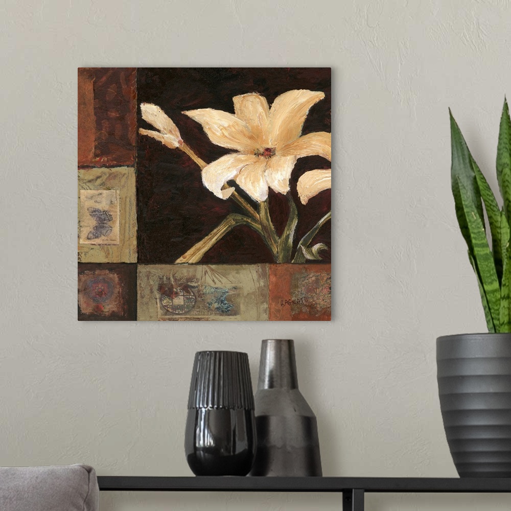 A modern room featuring Contemporary painting of a stargazer on a black background with mixed media borders collage-style.