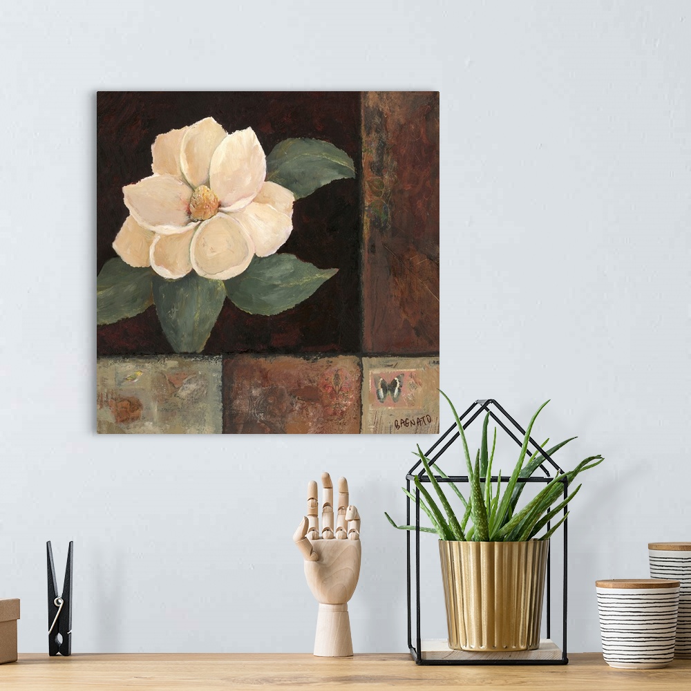 A bohemian room featuring Contemporary painting of a magnolia blossom on a black background with mixed media borders collag...