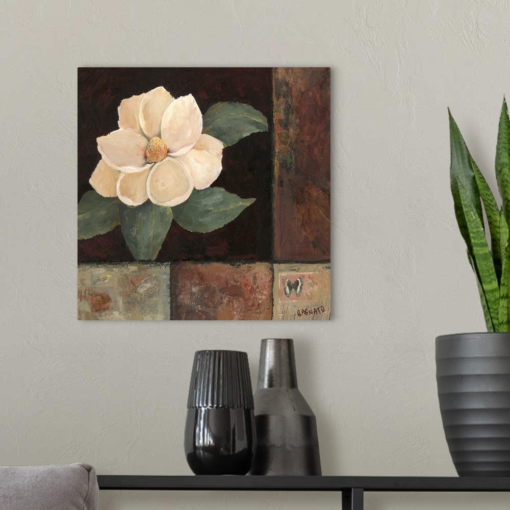 A modern room featuring Contemporary painting of a magnolia blossom on a black background with mixed media borders collag...