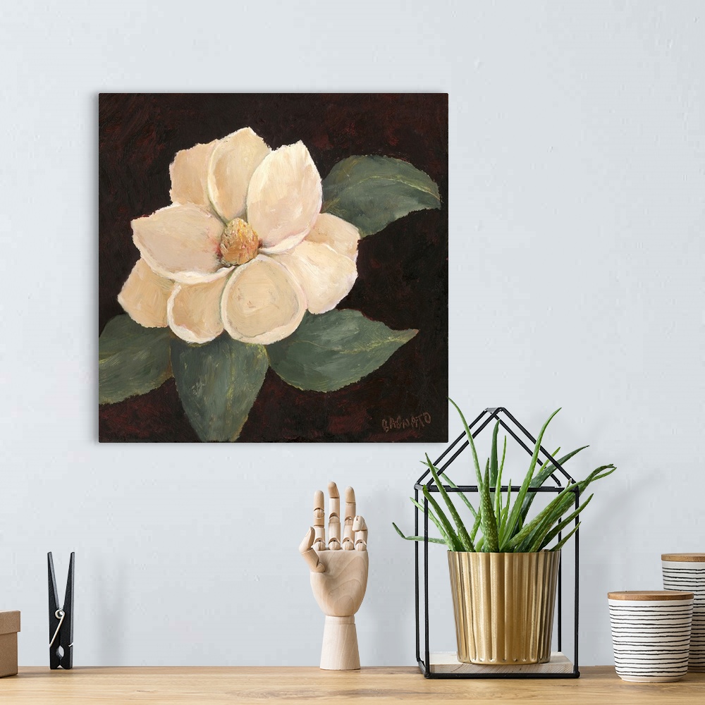A bohemian room featuring Contemporary painting of a magnolia blossom on a black background.