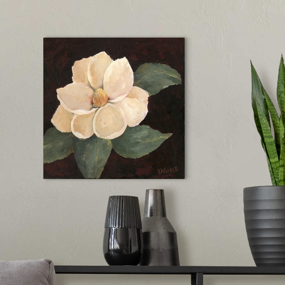 A modern room featuring Contemporary painting of a magnolia blossom on a black background.