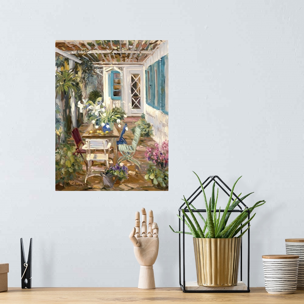 A bohemian room featuring Fine art oil painting landscape of a back porch courtyard with flowers and plants by Allayn Stevens.