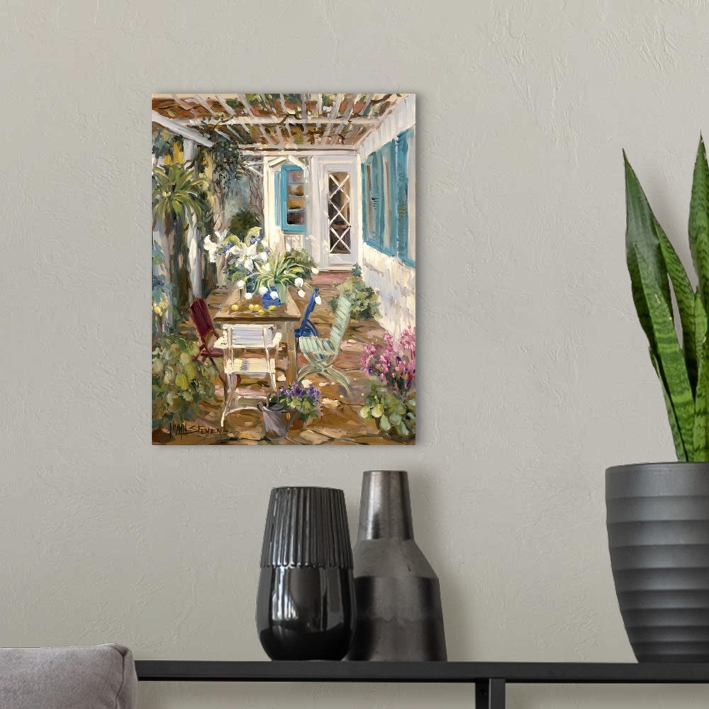 A modern room featuring Fine art oil painting landscape of a back porch courtyard with flowers and plants by Allayn Stevens.