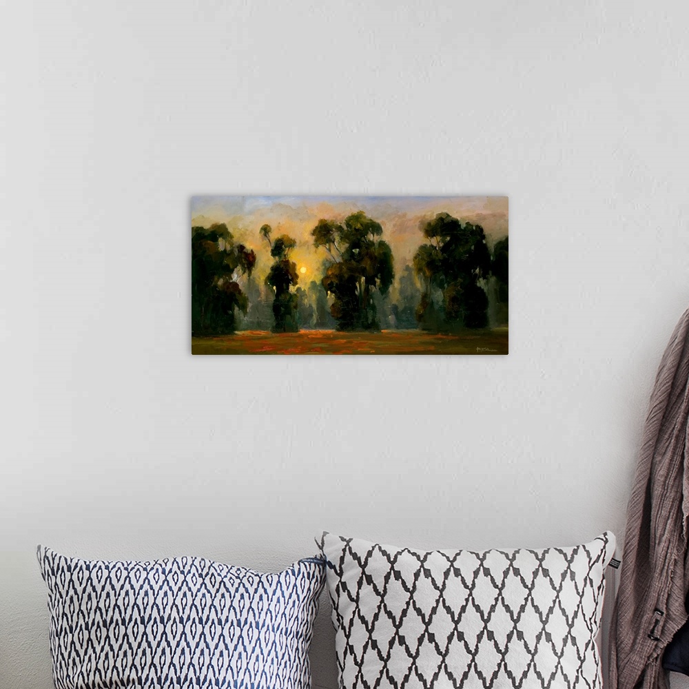 A bohemian room featuring Fine art oil painting landscape of a line of majestic dark green trees backlit with a golden yell...
