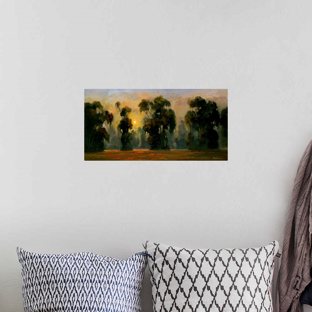 A bohemian room featuring Fine art oil painting landscape of a line of majestic dark green trees backlit with a golden yell...