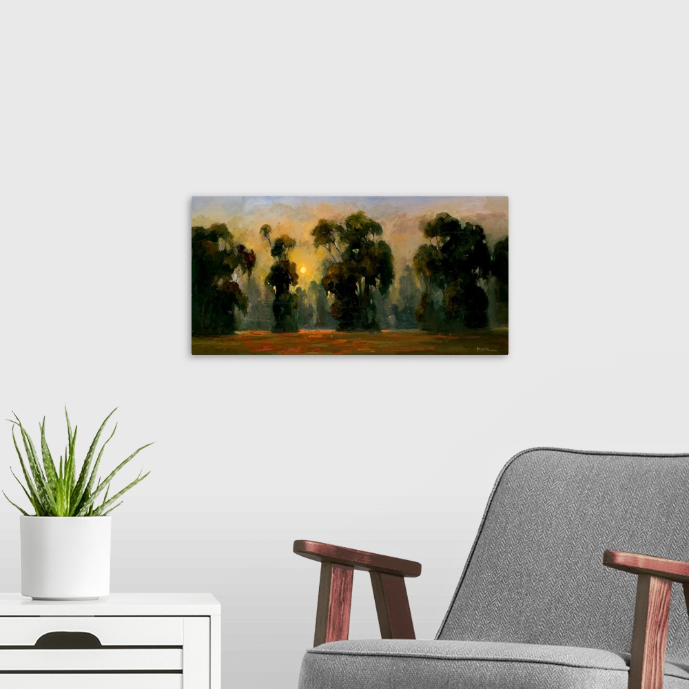 A modern room featuring Fine art oil painting landscape of a line of majestic dark green trees backlit with a golden yell...