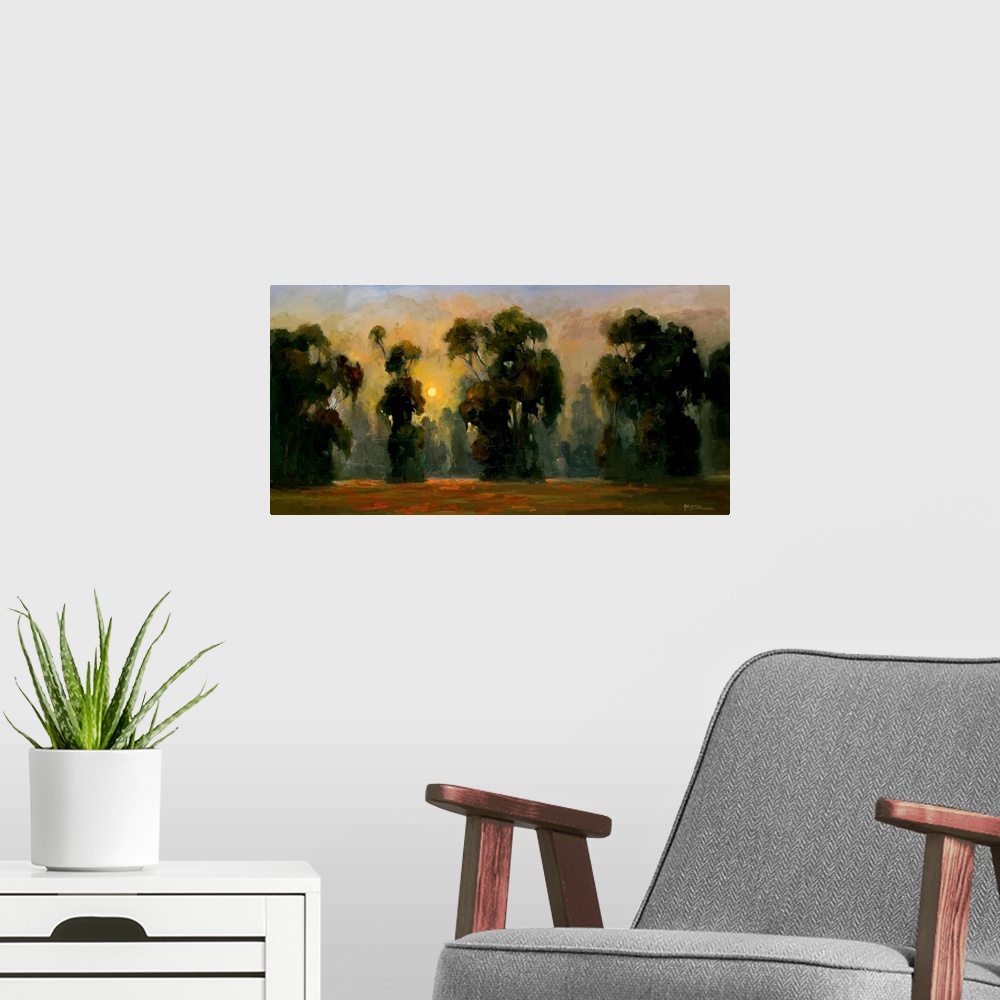 A modern room featuring Fine art oil painting landscape of a line of majestic dark green trees backlit with a golden yell...