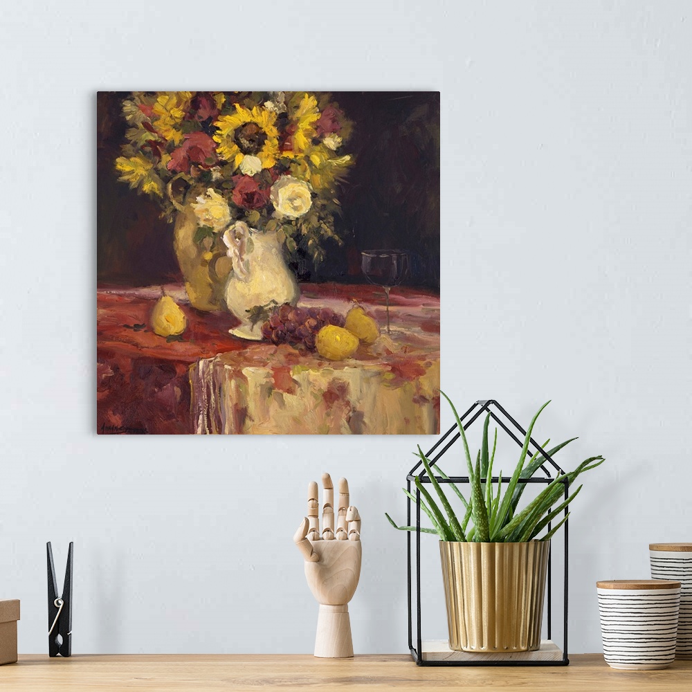 A bohemian room featuring Fine art oil painting still life of bright yellow sunflowers, pears, lemons and grapes with a gla...