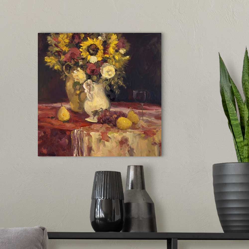 A modern room featuring Fine art oil painting still life of bright yellow sunflowers, pears, lemons and grapes with a gla...