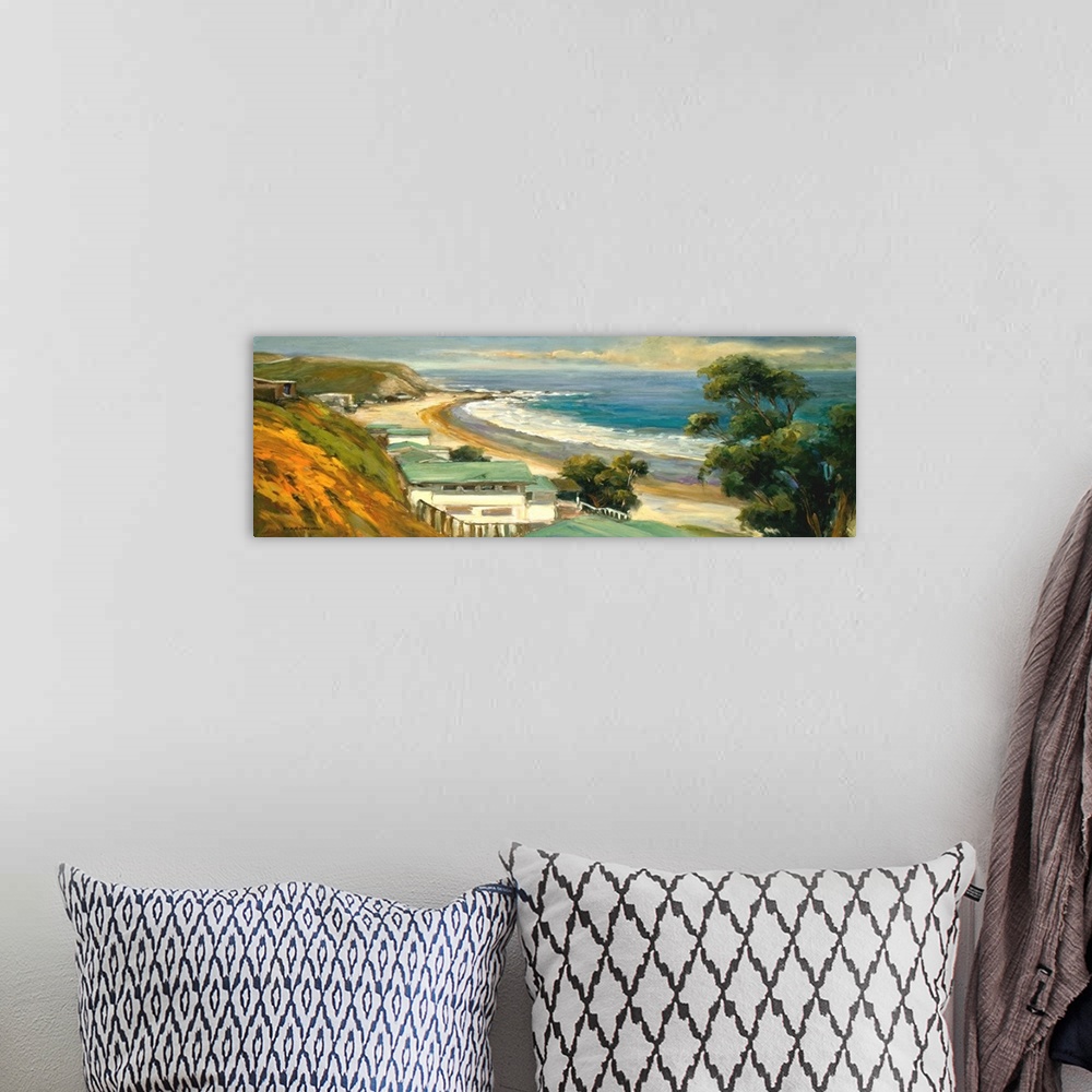 A bohemian room featuring Fine art oil painting seascape of a sunlit California cove dotted with beach homes nestled up to ...