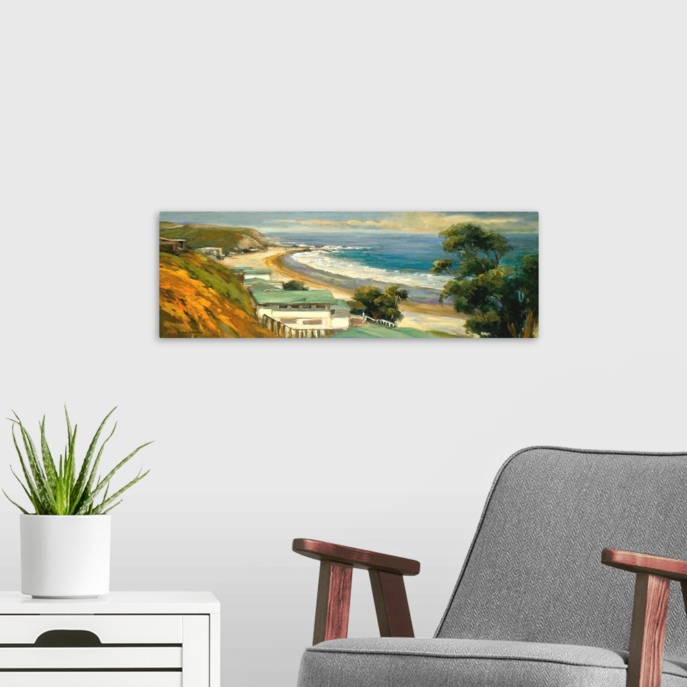 A modern room featuring Fine art oil painting seascape of a sunlit California cove dotted with beach homes nestled up to ...