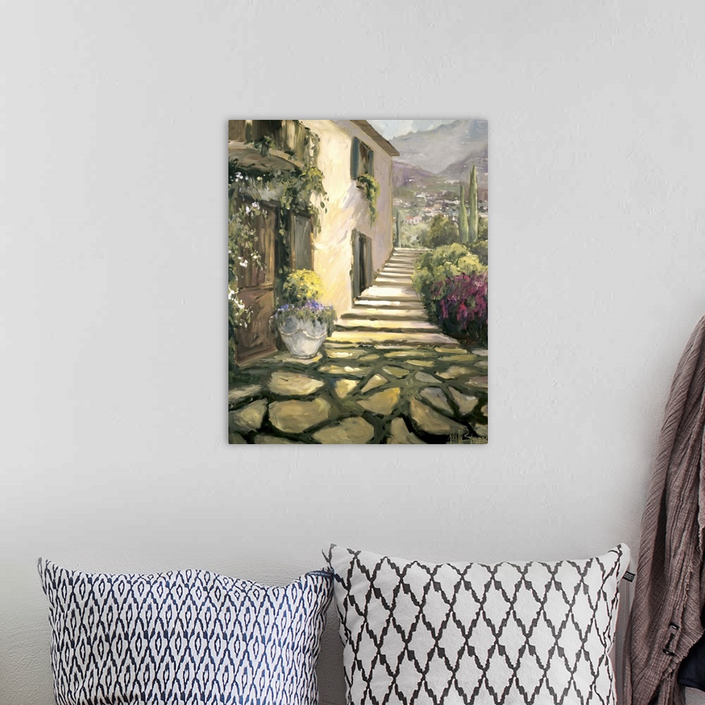 A bohemian room featuring Fine art oil painting landscape of a sunlit villa path with flowering plants by Allayn Stevens.
