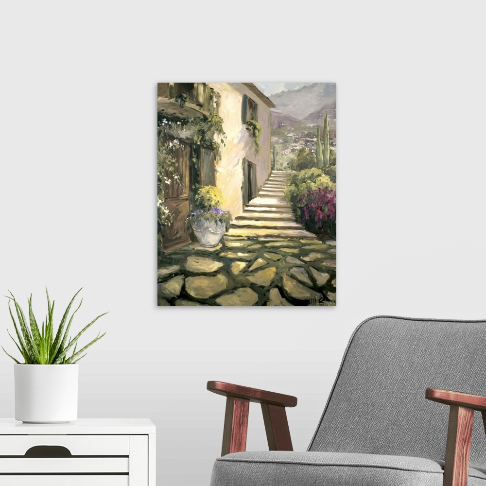A modern room featuring Fine art oil painting landscape of a sunlit villa path with flowering plants by Allayn Stevens.