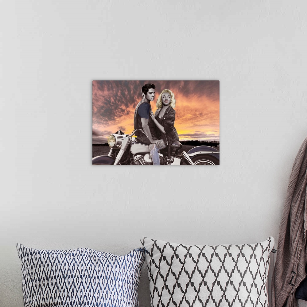 A bohemian room featuring Digital fine art image of Marilyn and Elvis on a motorcycle.