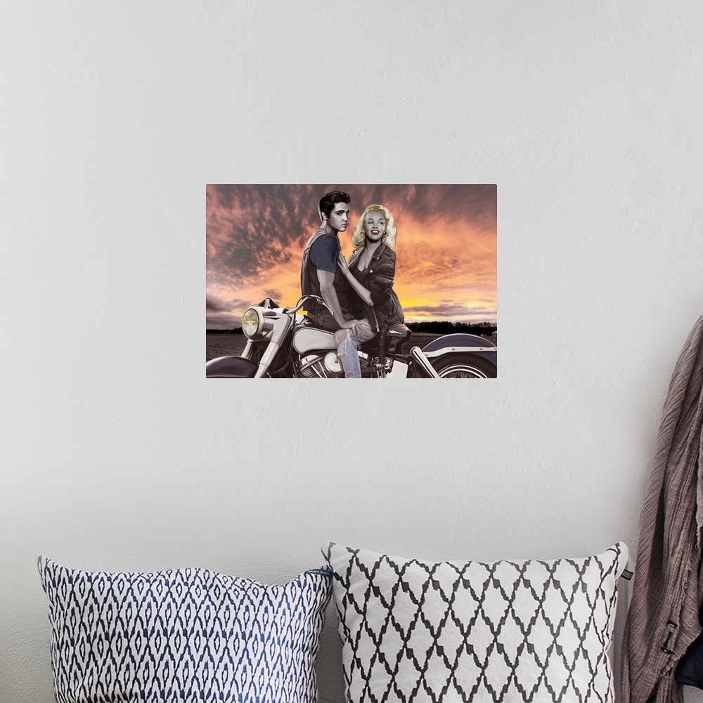 A bohemian room featuring Digital fine art image of Marilyn and Elvis on a motorcycle.