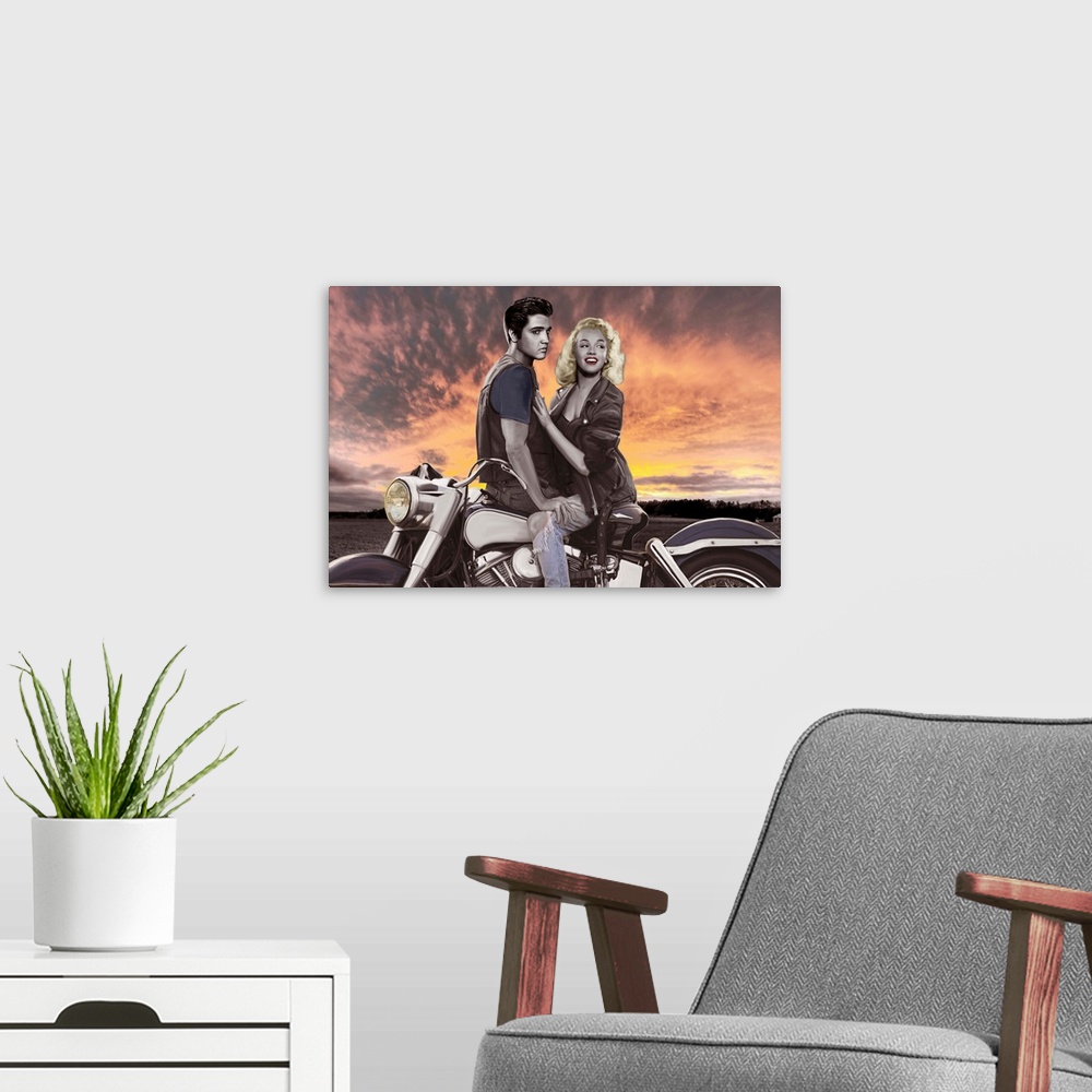 A modern room featuring Digital fine art image of Marilyn and Elvis on a motorcycle.