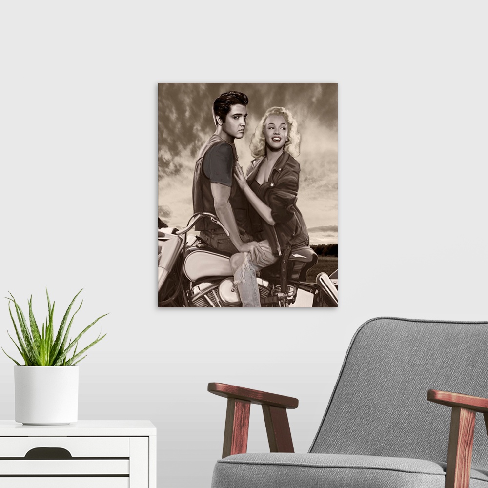 A modern room featuring Digital fine art image of Marilyn and Elvis on a motorcycle.