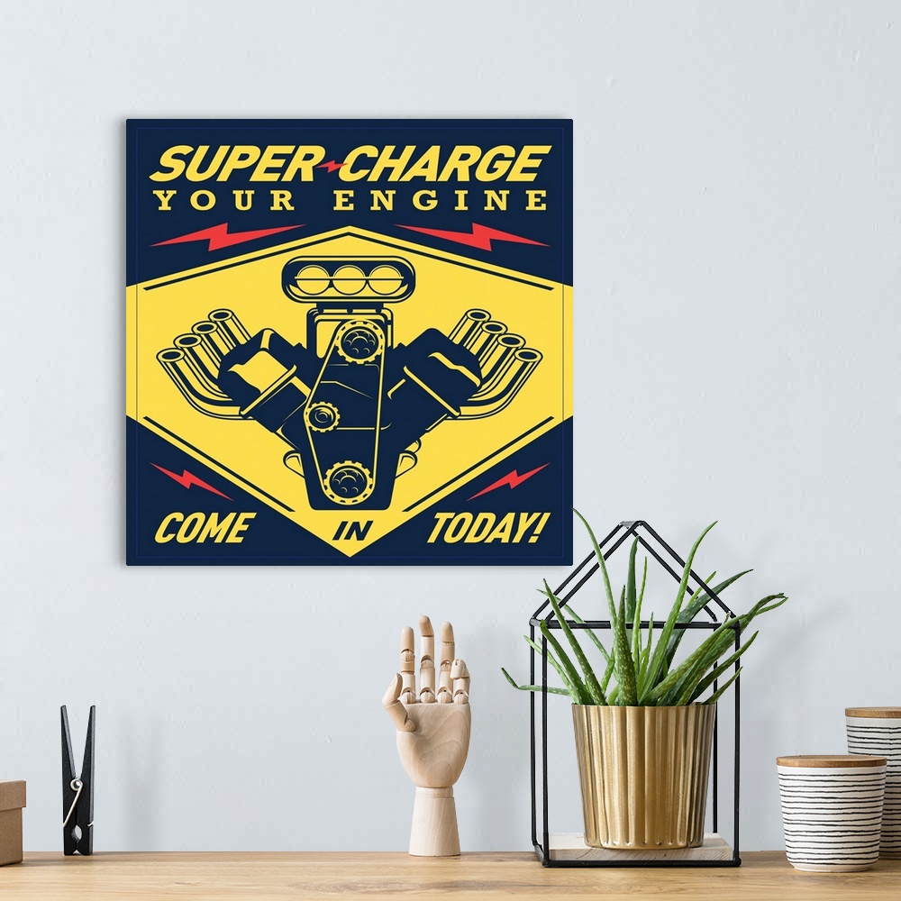 A bohemian room featuring Digital art painting of a poster titled Super Racing by JJ Brando.