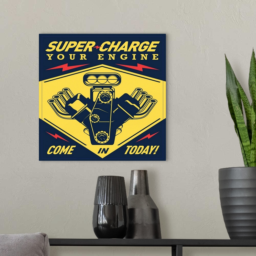 A modern room featuring Digital art painting of a poster titled Super Racing by JJ Brando.