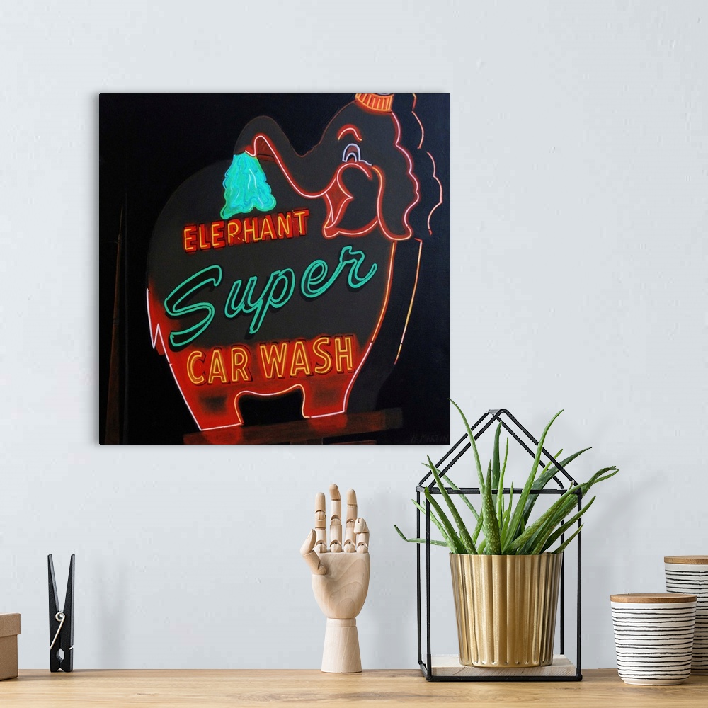 A bohemian room featuring Fine art oil painting of a vintage neon super car wash elephant set against a dark background by ...