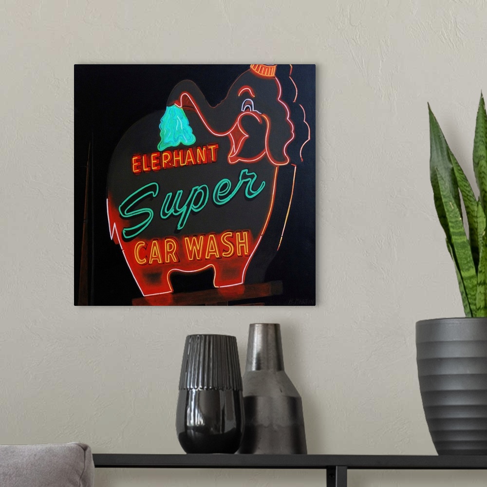 A modern room featuring Fine art oil painting of a vintage neon super car wash elephant set against a dark background by ...