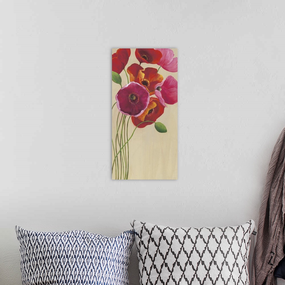 A bohemian room featuring Fine art painting of poppies in reds, pinks and fuscia by Elle Summers.