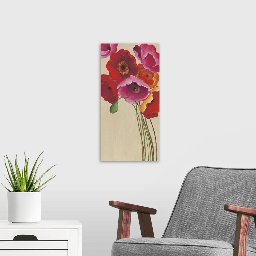 A modern room featuring Fine art painting of poppies in reds, pinks and fuscia by Elle Summers.